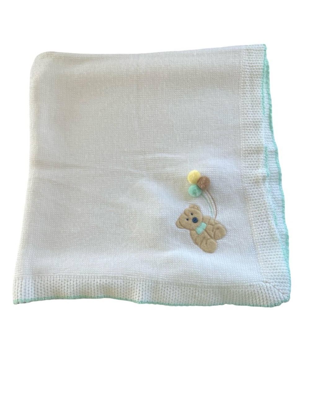 Vintage All Mine Baby Receiving Blanket White Teddy Bear Pom Poms Acrylic 80s